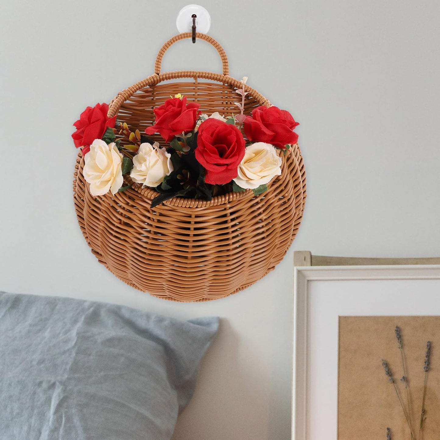 Wall Hanging Flower Basket Lightweight Woven Rattan Plant Holder / 10.62 x 9.25 x 3.93