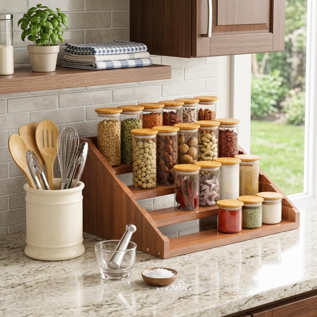 Solid Wood Spice Rack Organizer for Countertop & Cabinet, 4 Tier Adjustable Wooden Spice Shelf with Sliding Track