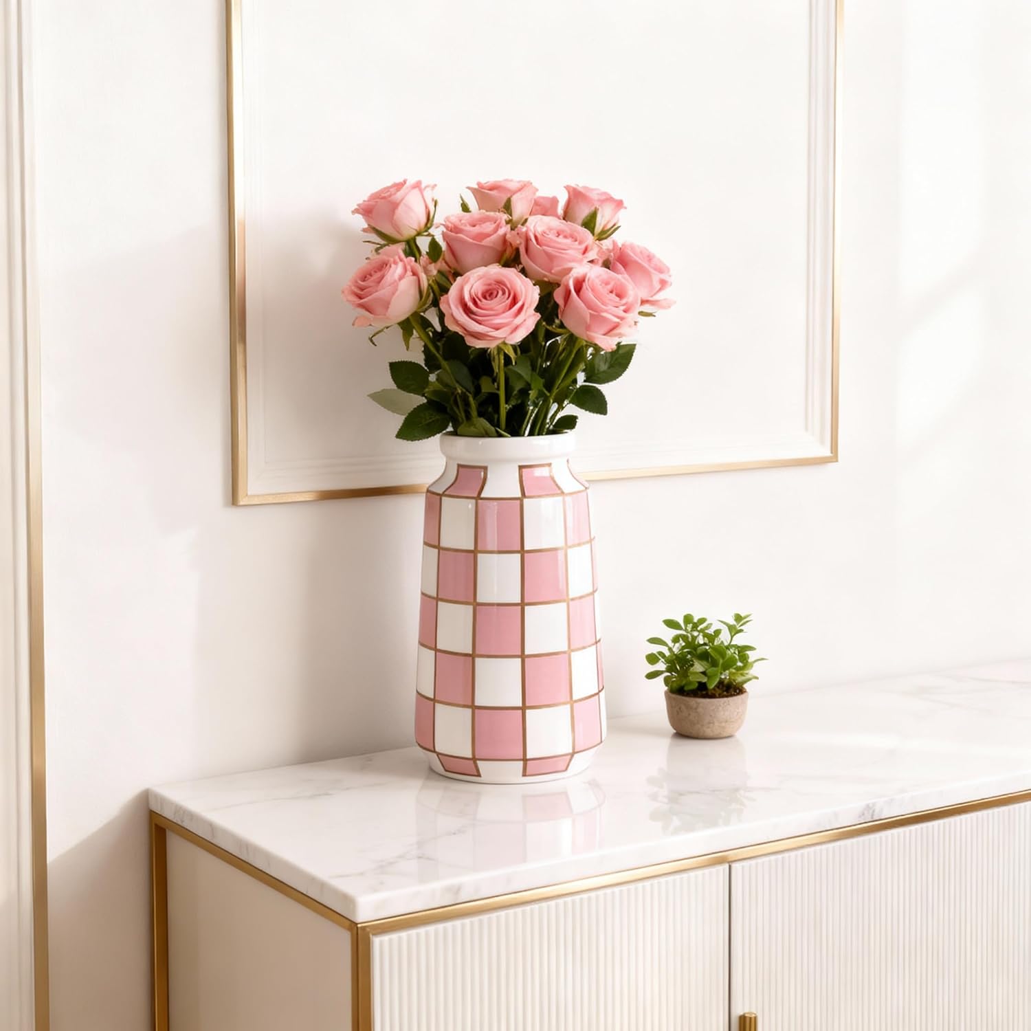 Black and White Ceramic Vase / Pink