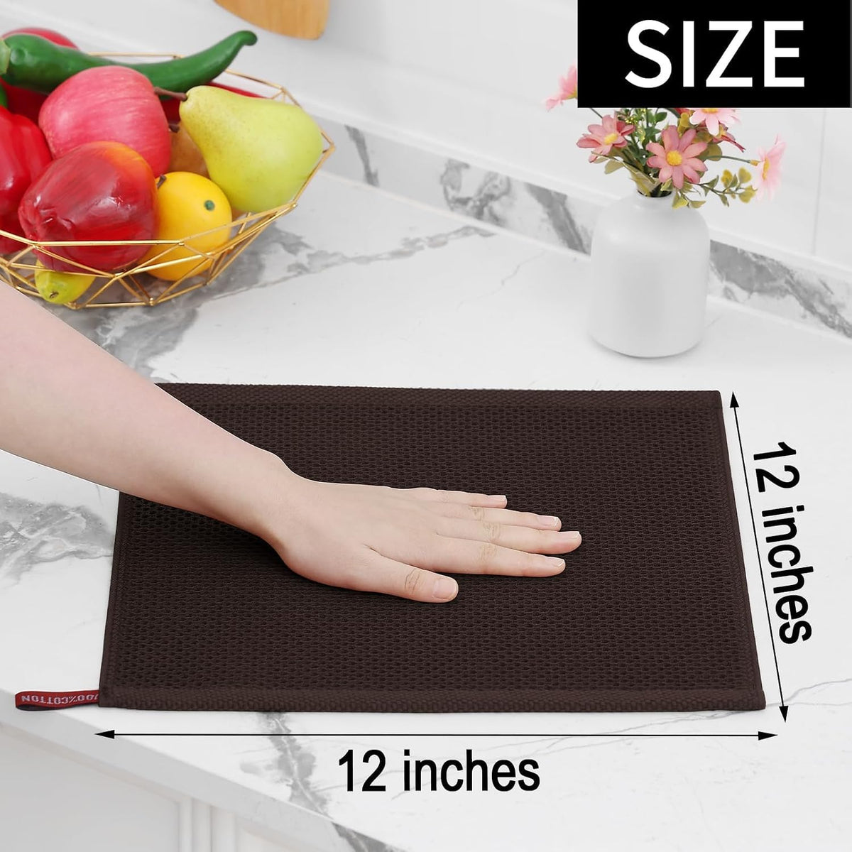 Homaxy 100% Cotton Waffle Weave Kitchen Dish Cloths 24-Pack, Dark Brown | 12 x 12 Inches, Ultra Soft Absorbent Dish