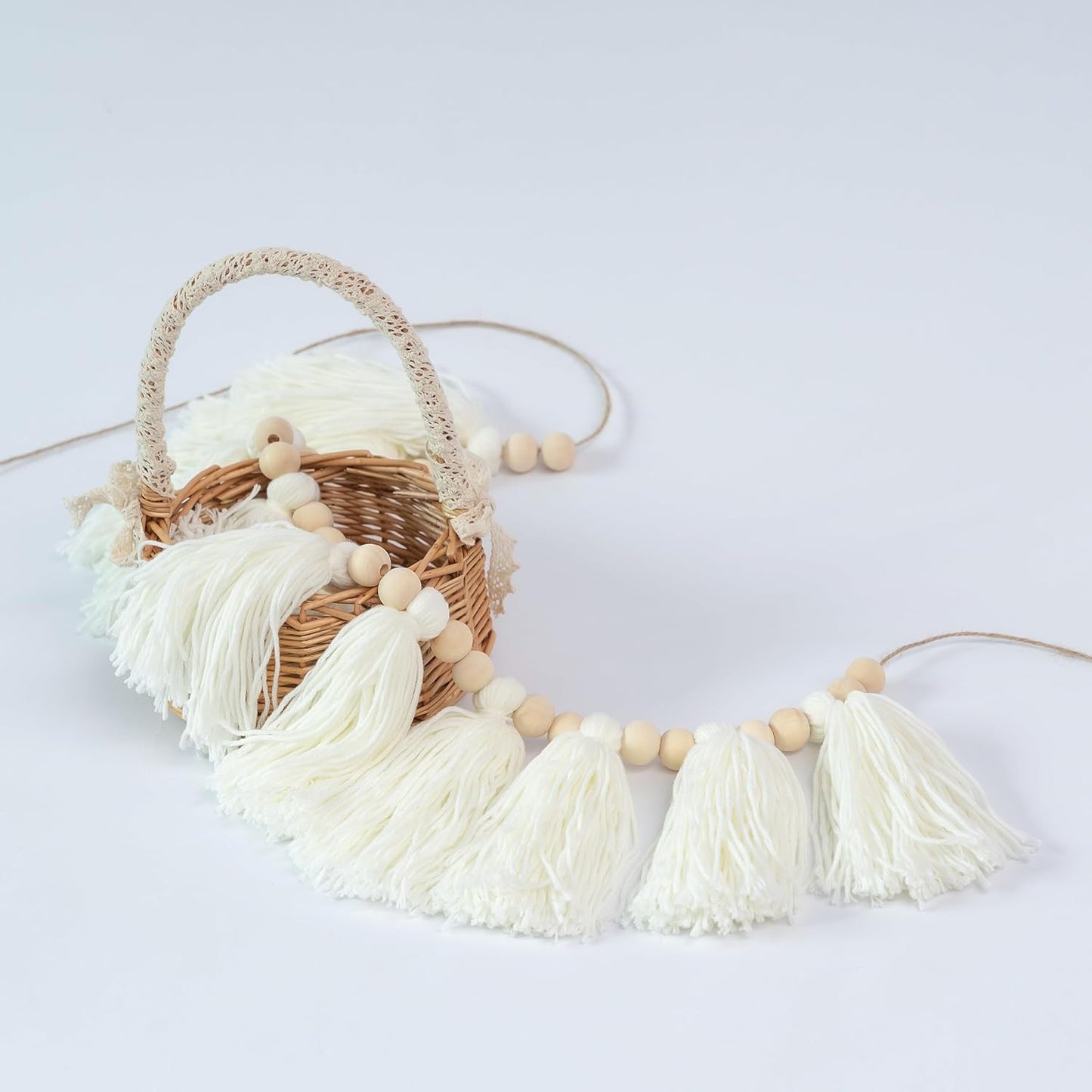 Cream Wood Bead Tassel Garland Boho Decor / White Cotton