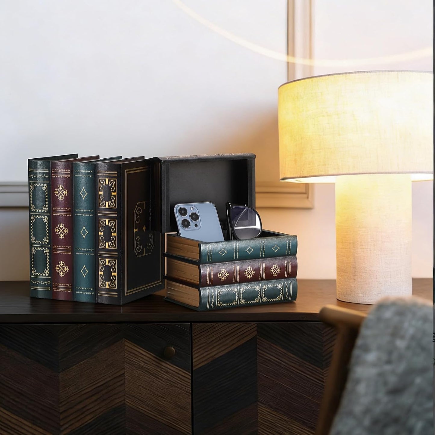 Faux Stacked Hollow Books / Green Bottom / Set of 2