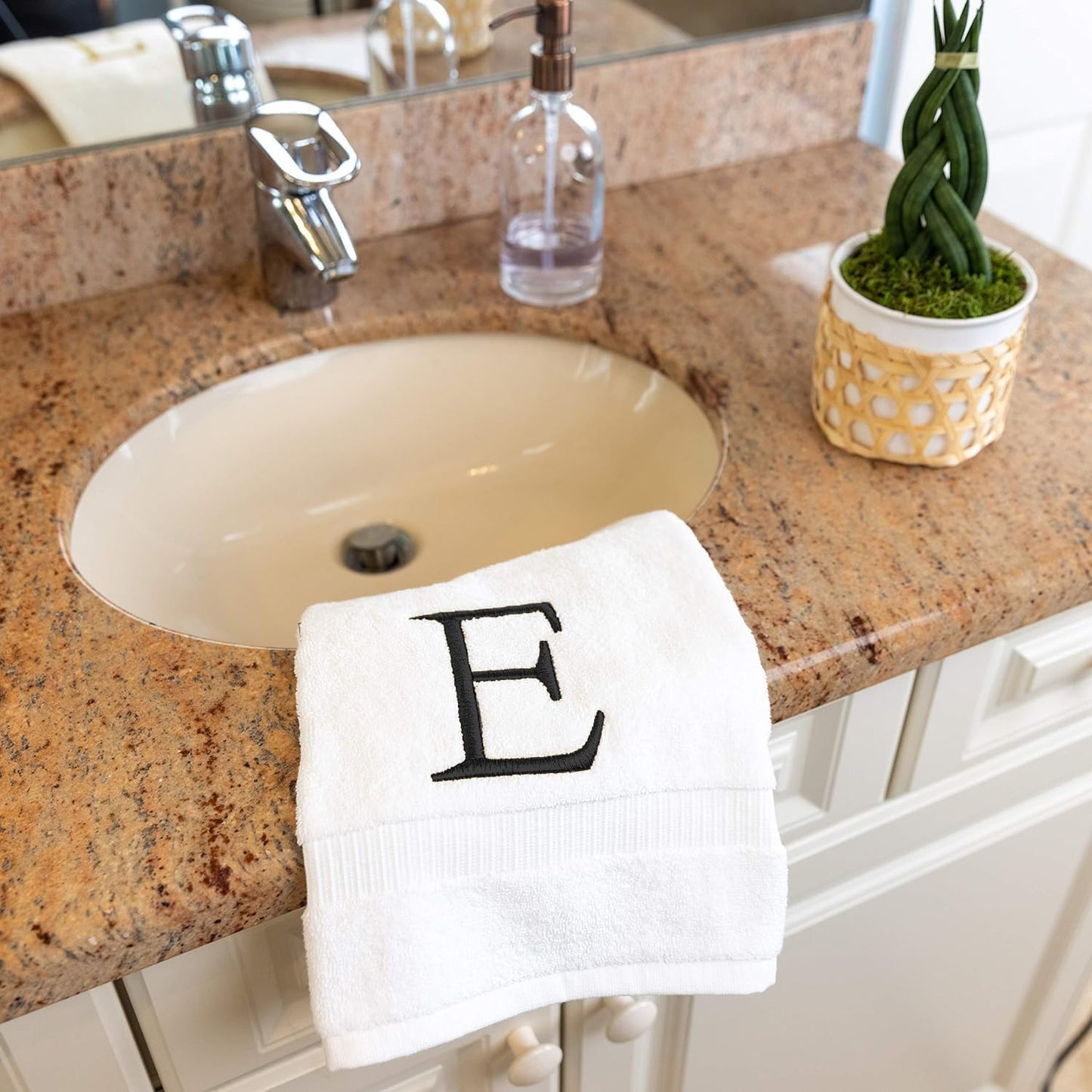 White with Dark Gray Monogrammed Hand Towels for Bathroom Set of 2 Letter E | Luxury Hotel Quality Initial Towels For