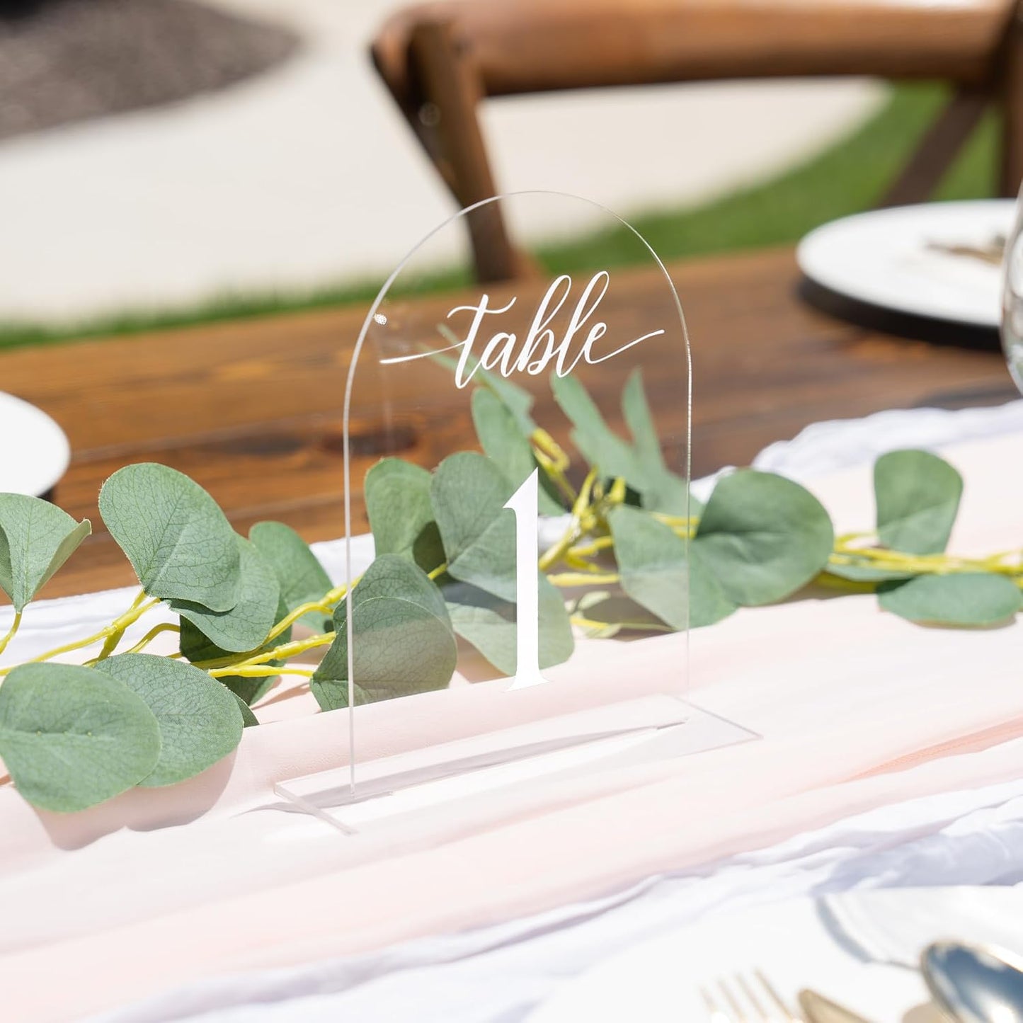 Clear Arch Acrylic Table Numbers for Wedding Reception - 5" x 7" White Font Centerpiece Set with Holder Stands & Head