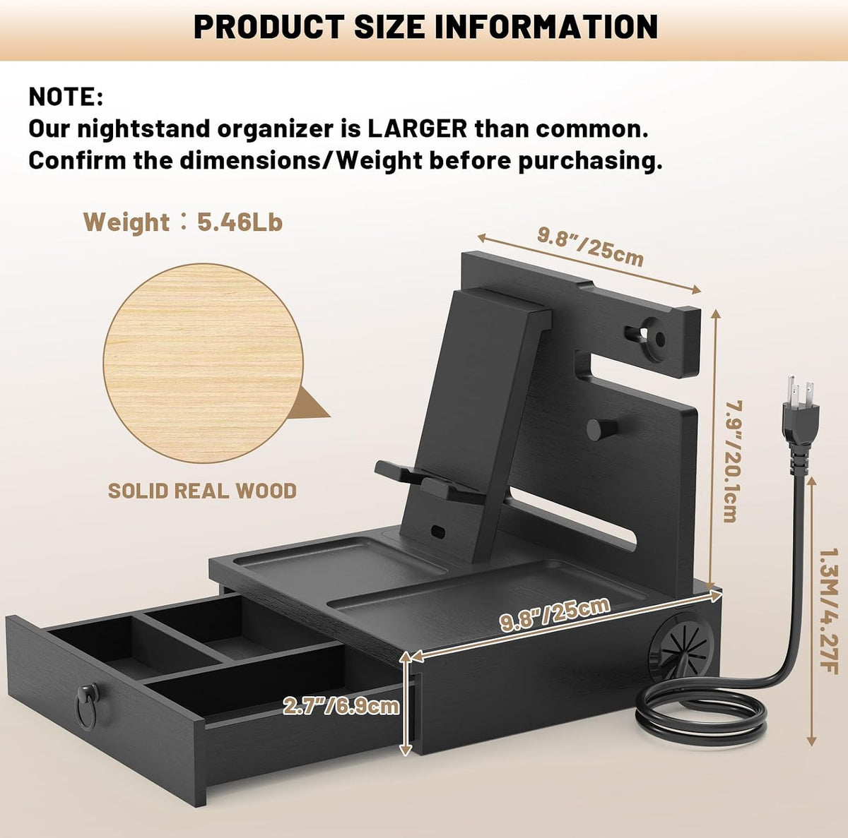 Wood Phone Docking Station with USB Ports and Outlets, Nightstand Organizer | Bedside Organizer with with Charging