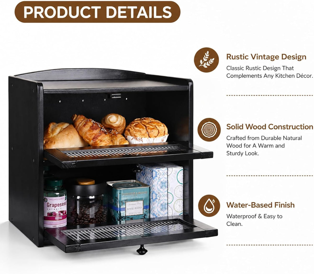 Large Wooden Bread Box for Kitchen Countertop, 2-Tier, Black | Clear Acrylic Window Spacious Bread Storage Farmhouse