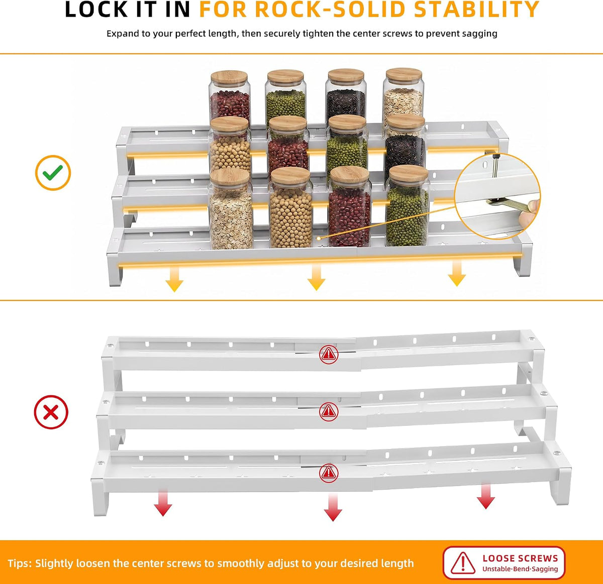 Spice Rack Organizer for Cabinet, 13-21.5" Expandable Spicy Shelf | 9.45" Depth 3-Tier White Metal Seasoning Organizer