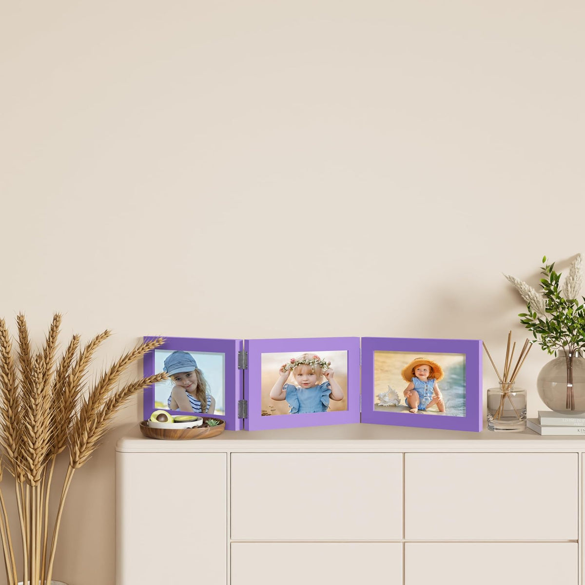 decorUhome Purple Triple 7x5 Picture Frame Horizontal, MDPP08 | "Z" Shape Folding Design Engineered Wood Trifold Photo