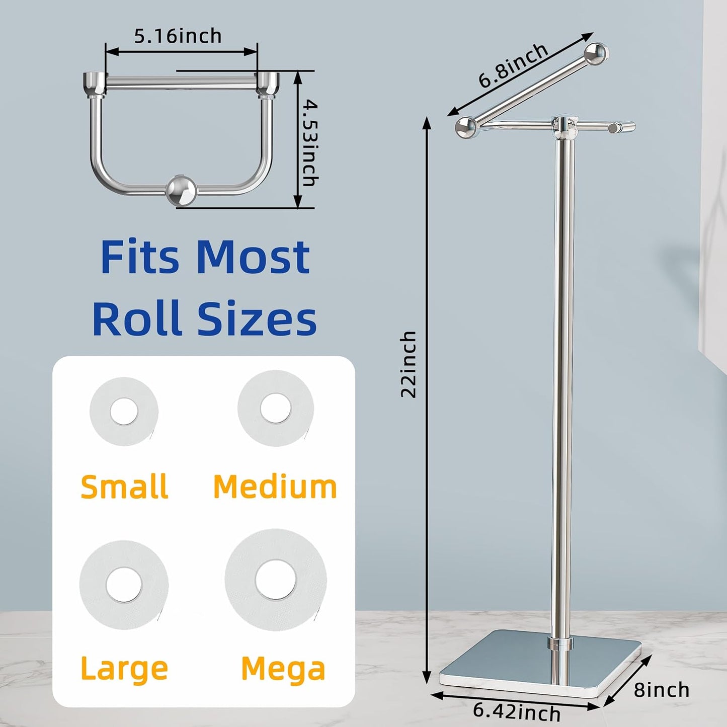 RUACQ Bathroom Toilet Paper Holder Stand, Chrome | Dual-Post Pivoting Free Standing Toilet Roll Holder with Weighted