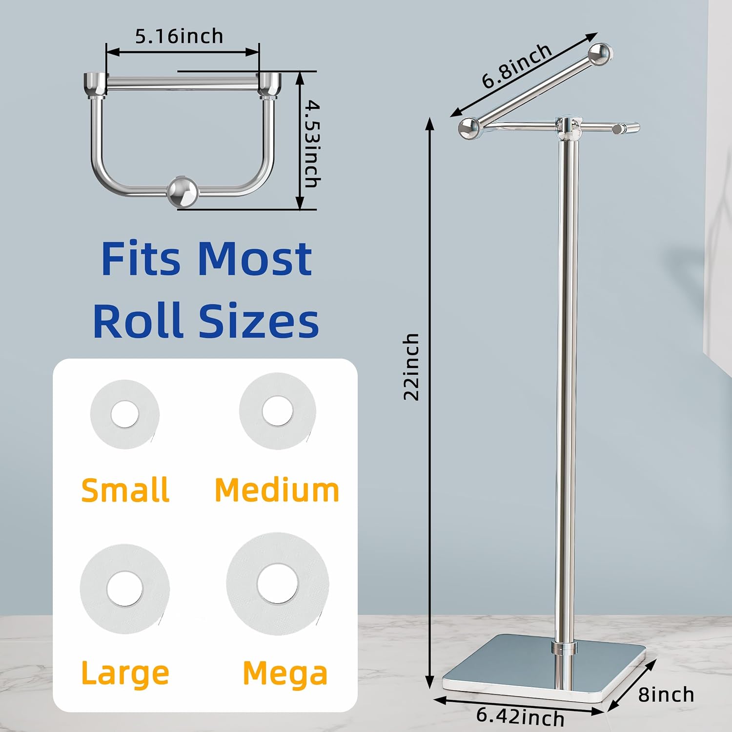 RUACQ Bathroom Toilet Paper Holder Stand, Chrome | Dual-Post Pivoting Free Standing Toilet Roll Holder with Weighted