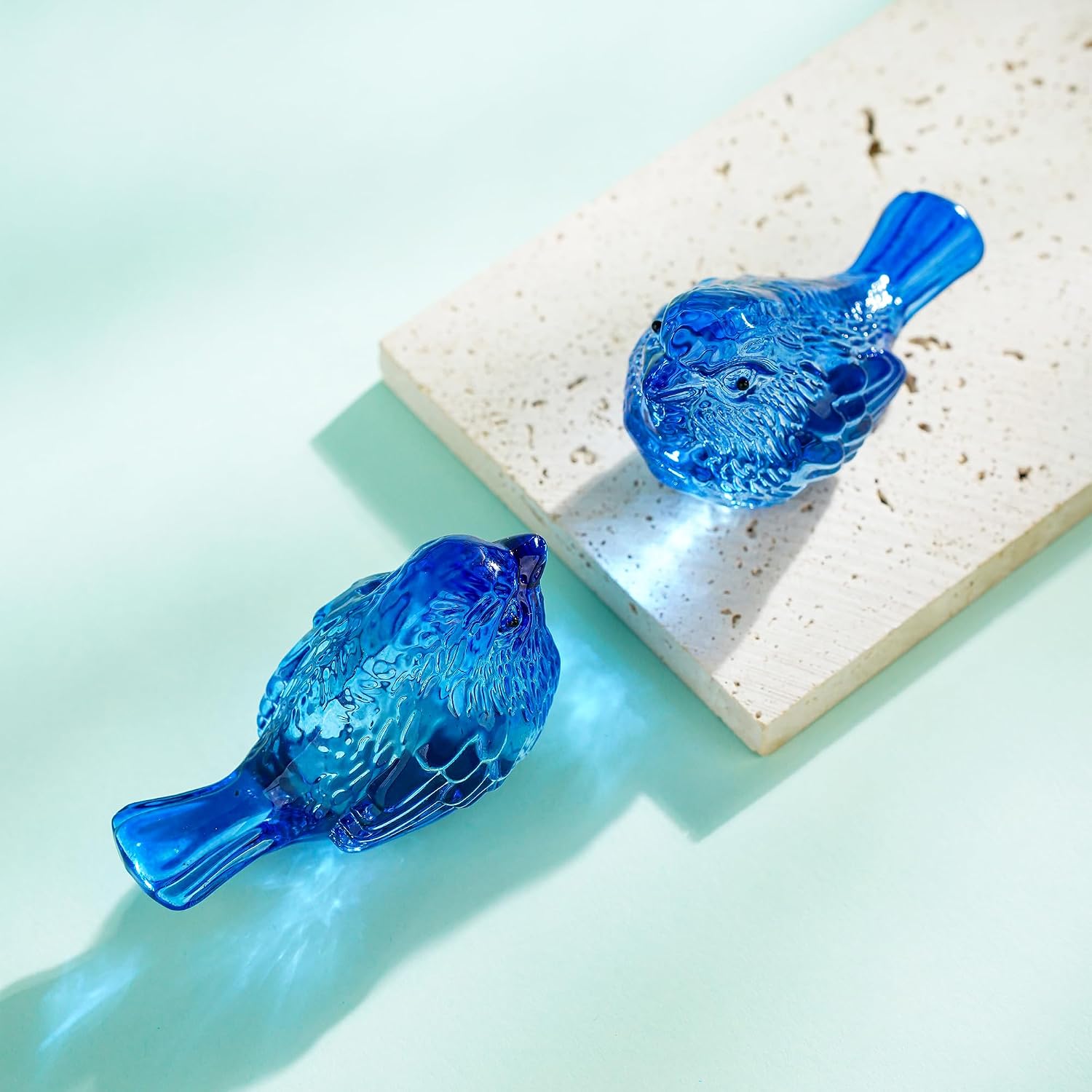 3" Small Bird Statues Home Decor Accents Blown Glass Birds Decor for Tabletop / Blue / Set of 2