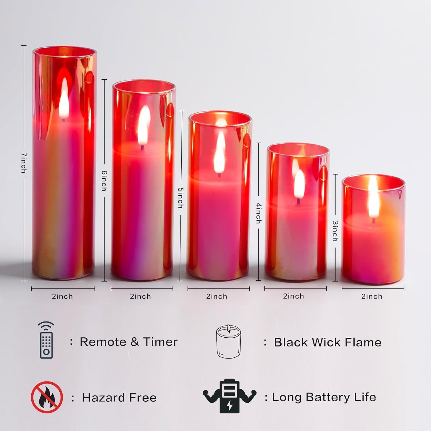 Red Glass Flameless Pillar Candles with Remote Batteries Set of 5 | Flickering Christmas LED Candles, Fireplace Home