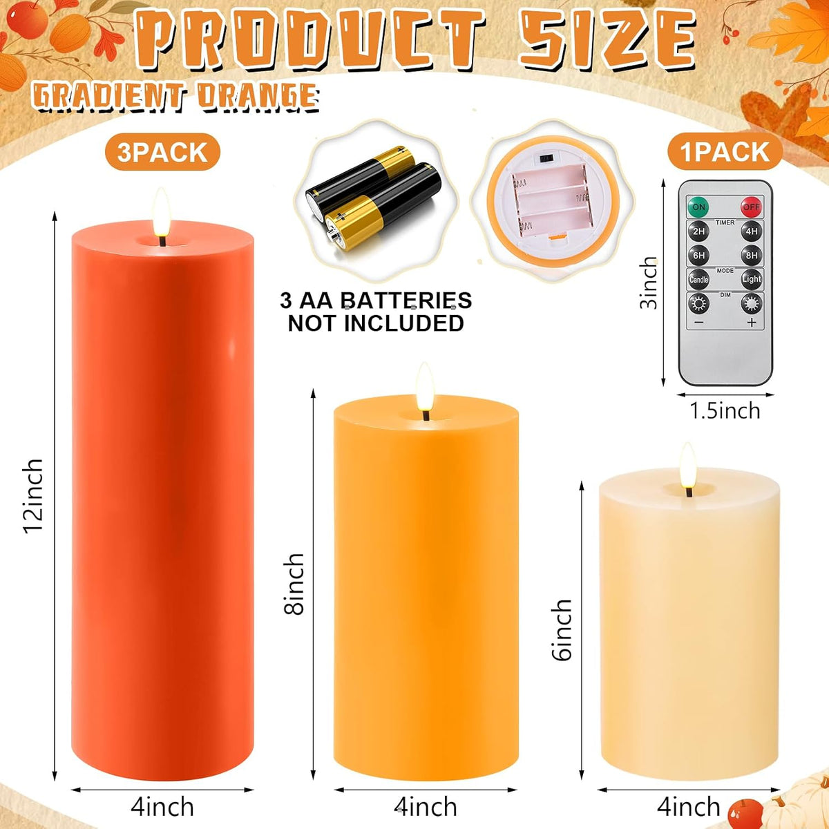 3 Pcs Fall 6/8/12 Inches Flameless LED Candles with Remote and 2/4/8h Timer Yellow Cream Orange Battery Electronic Wax