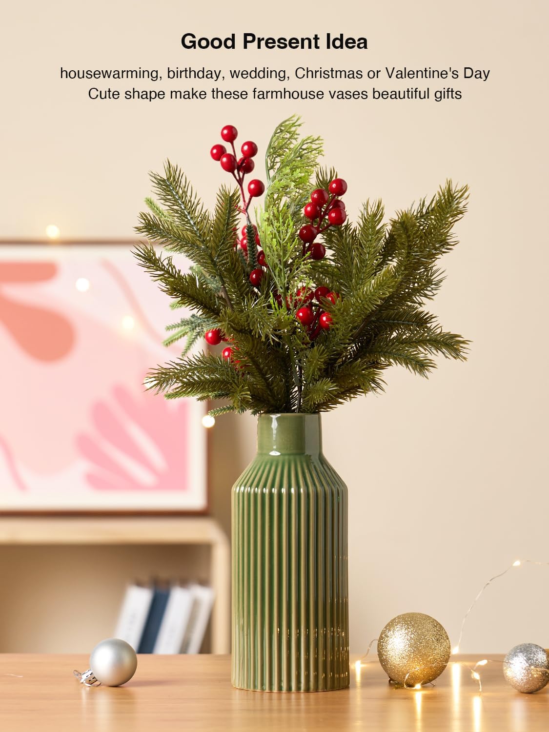 Green Ceramic Flower Vase / 3 Green / 8 Inch