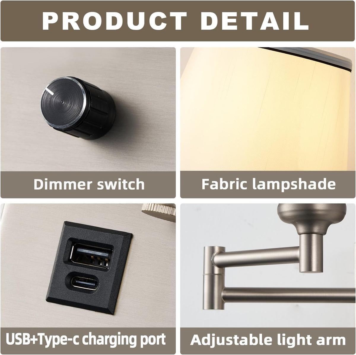 Swing Arm Wall Lamp, Satin Nickel, White Fabric Shade | Type-C and USB Charging Port, Dimmable Switch, Plug in Wall