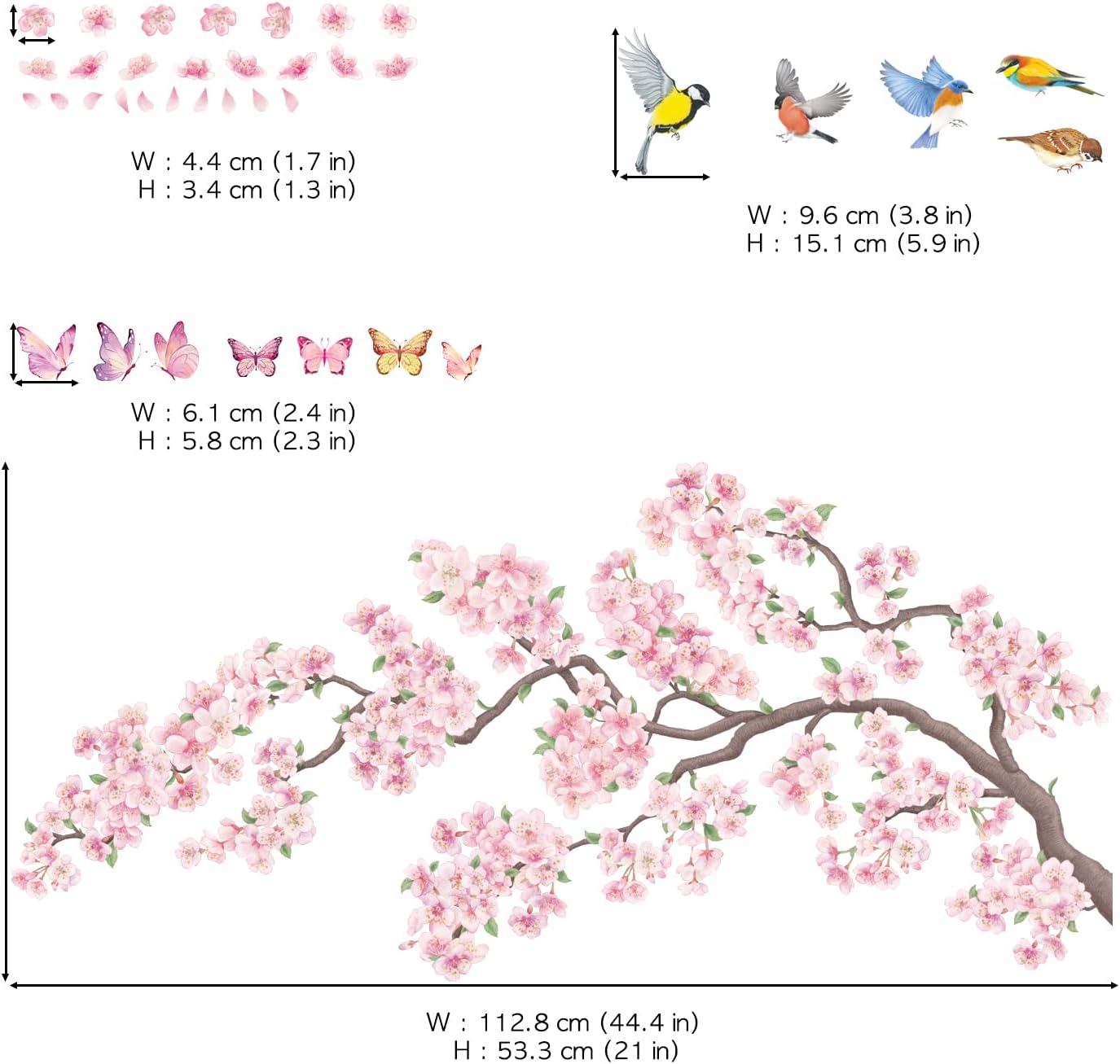 SG2-2427 and Bird Wall Stickers Cherry Blossom Tree Branch Decals Bedroom Living Room / Pink Flowers