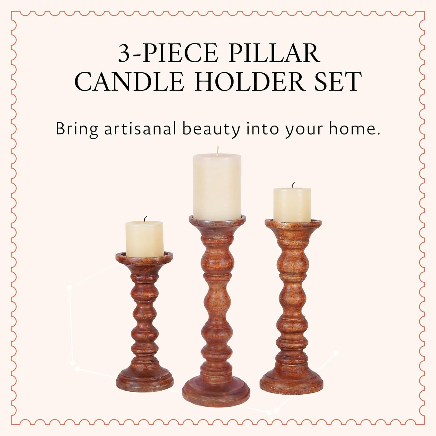 Willow Mango Wood Candle Holders - Medium Polish, Set of 3 | 9”, 12” & 15” hand-carved candle holders for table, mantel