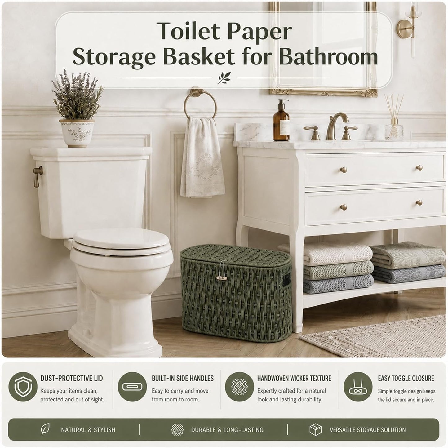 Lid and Built-in Handles Woven Bathroom Basket Toilet Paper / Sage Green / Modern / Wicker