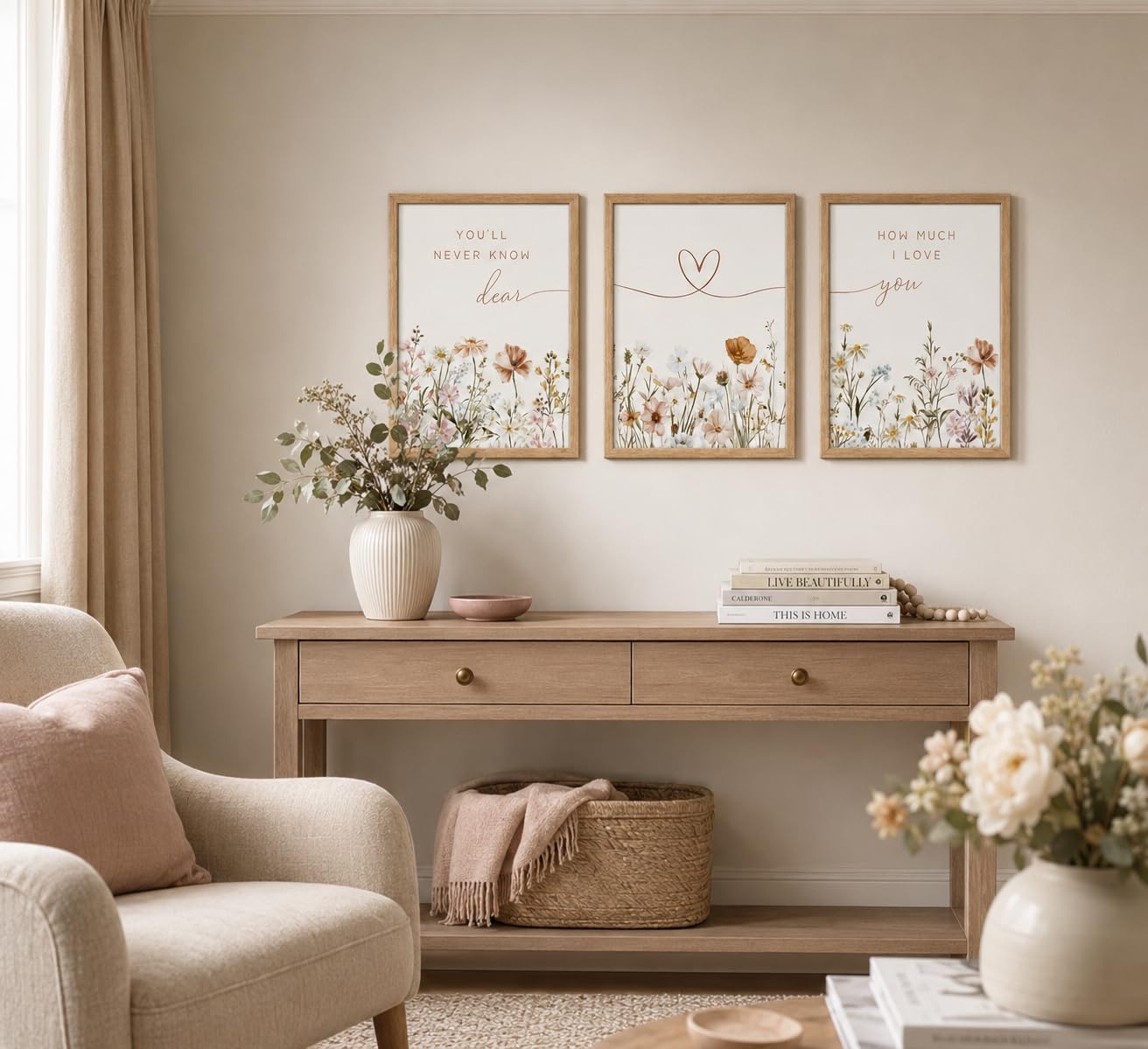 Framed Boho Nursery Wall Art Flower Botanical Sentence / Framed Wood Color / 16L" x 12W / Set of 3