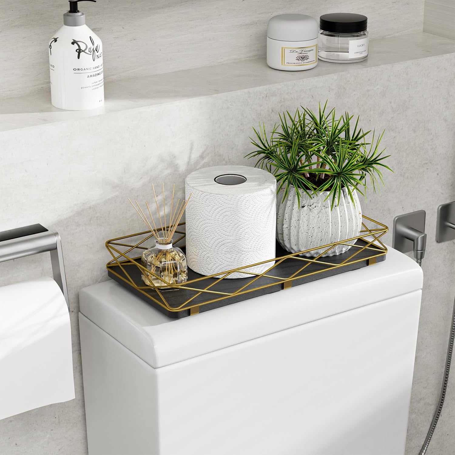 Wood and Metal Toilet Tray Vanity Organizer Bathroom Tray / Black+gold