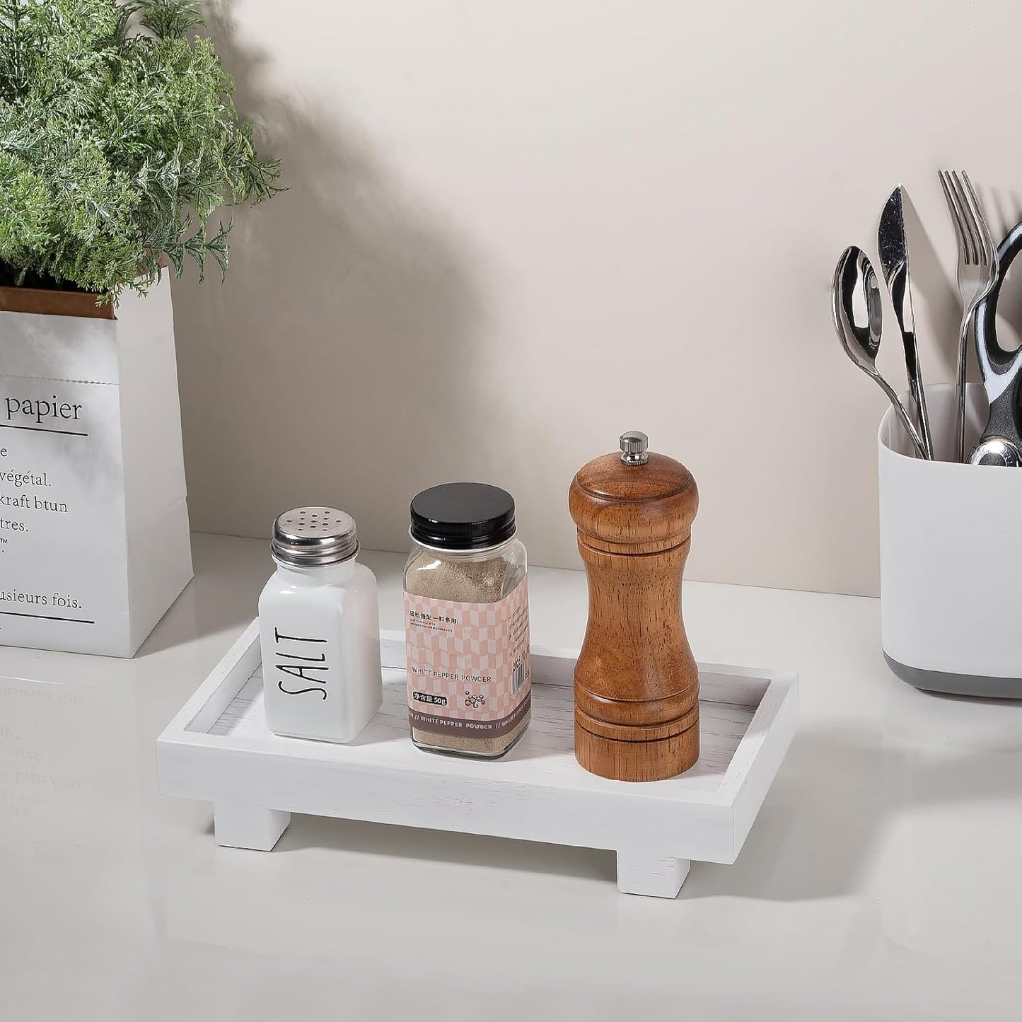 Decorative Tray Small Pedestal Stand Farmhouse Bathroom Decor Wooden Riser / White / 9.4 x 4.7 x 1.7