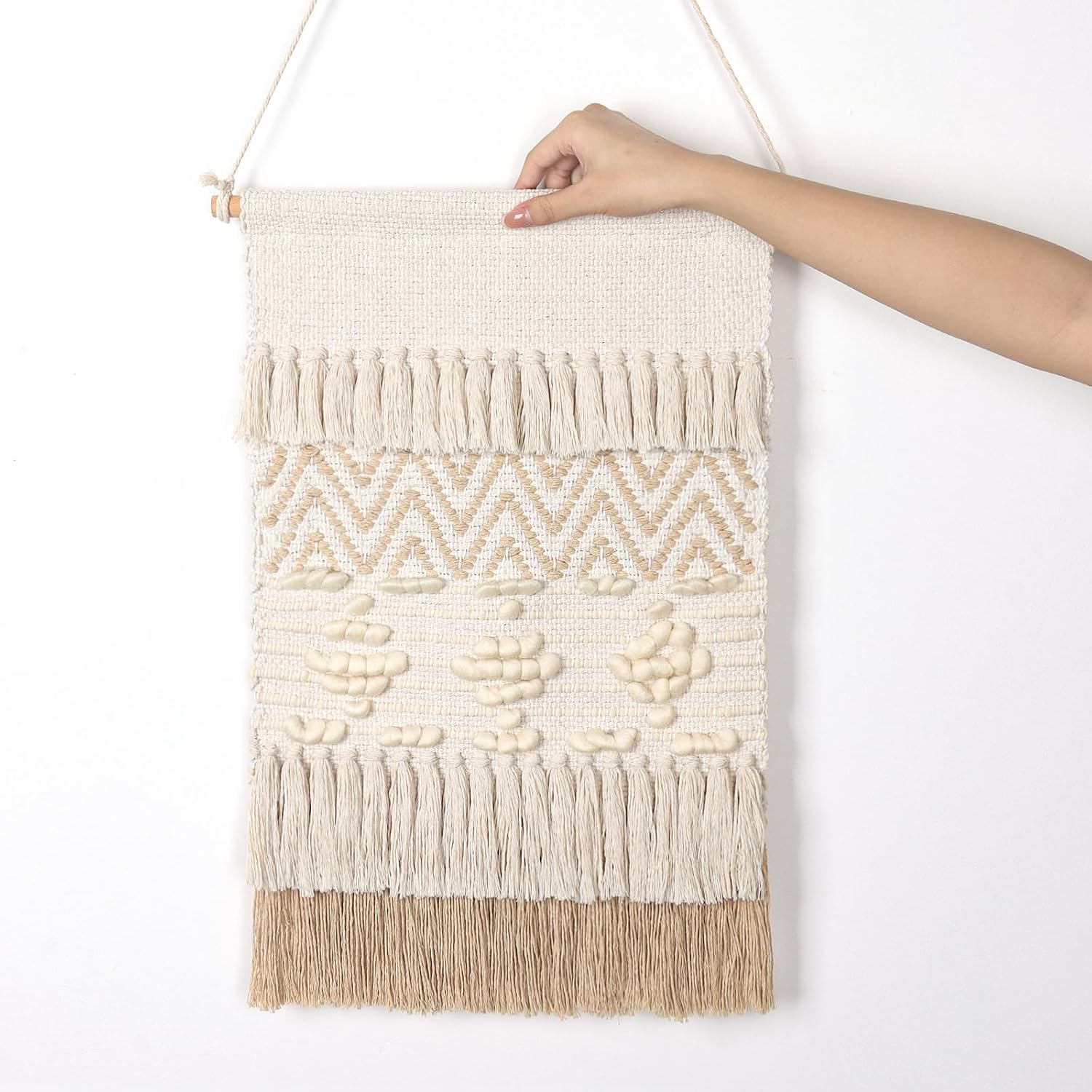 Macrame Woven Wall Hanging Home Decor Bohemian Beige Geometric Wave Art Decor / Beige Wool Ball