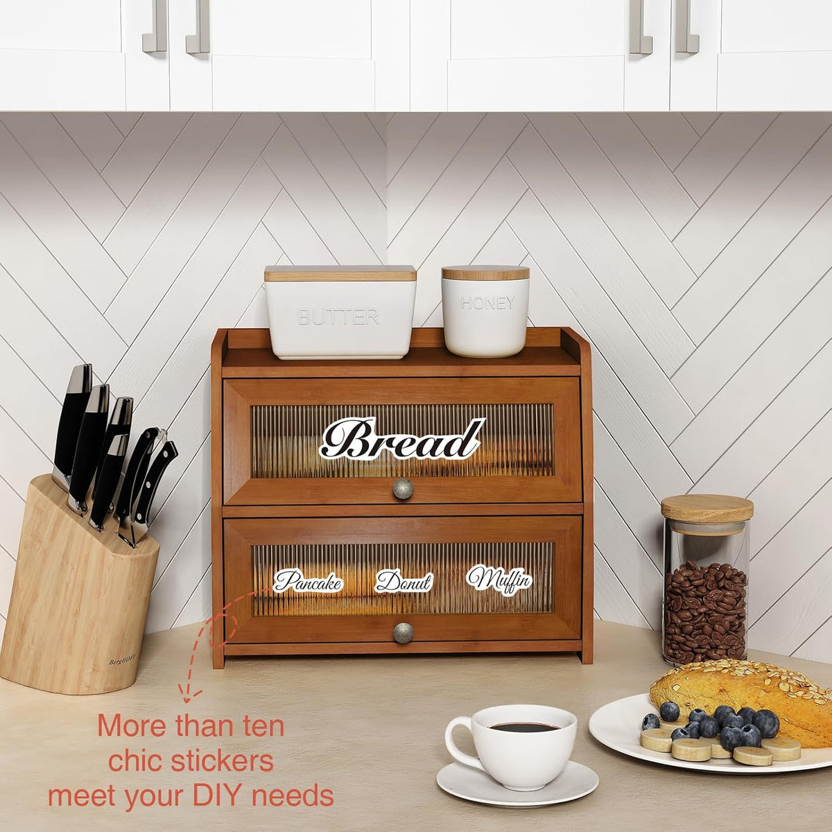 Goozii Wooden Bread Box for Kitchen Countertop, Dark Wood Bread Storage Container for Homemade Bread, 2 Tier Roll Top
