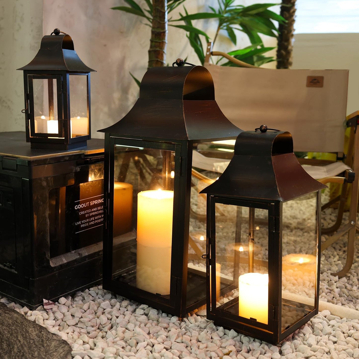 Lanterns Decorative Indoor & Outdoor, 22'' 16'' 11'' Large Candle Lanterns Decorative for Front Porch, Metal Frame