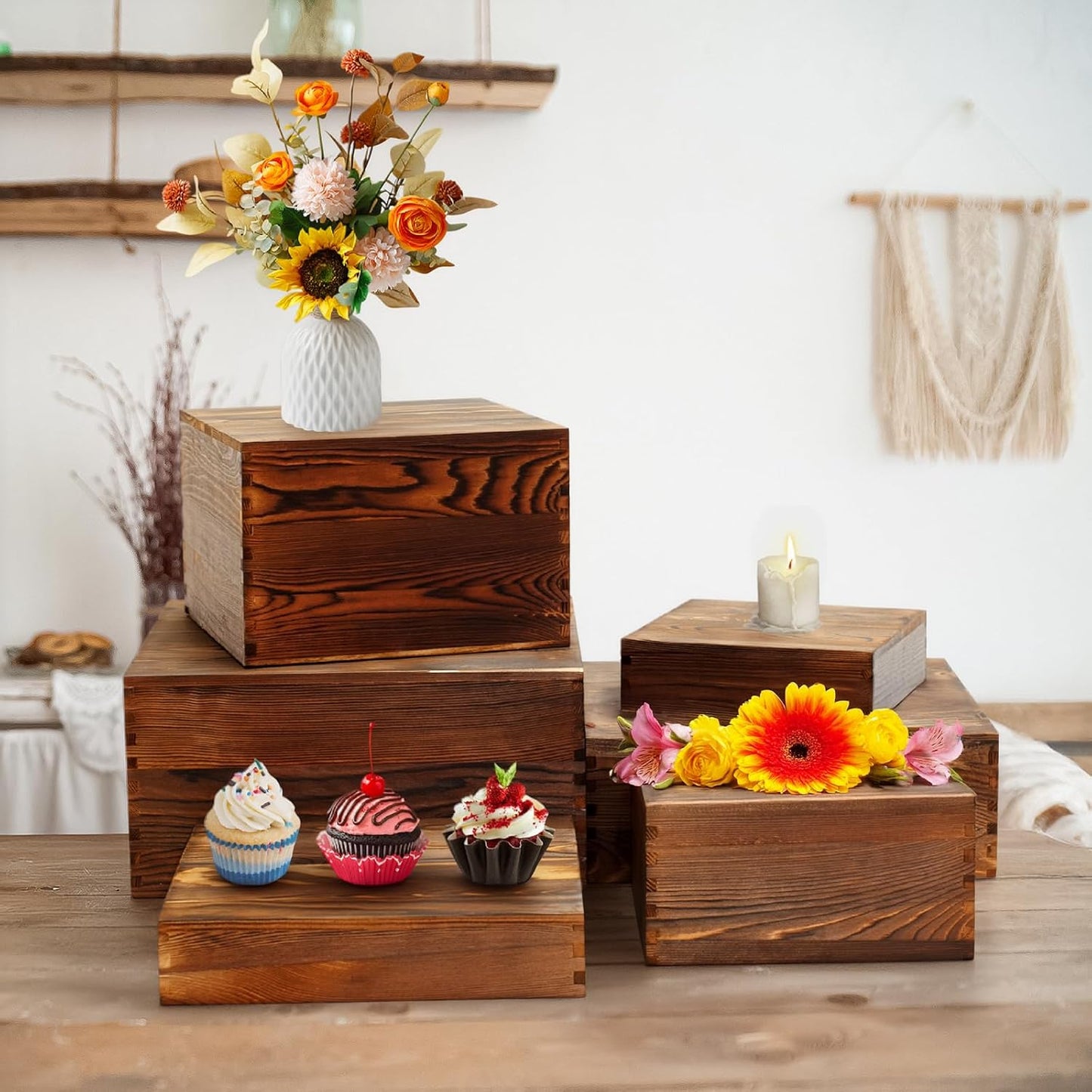Wooden Buffet Risers Rustic Wood Cupcake Stand Catering Supplies Buffet Display / Brown / Set of 8