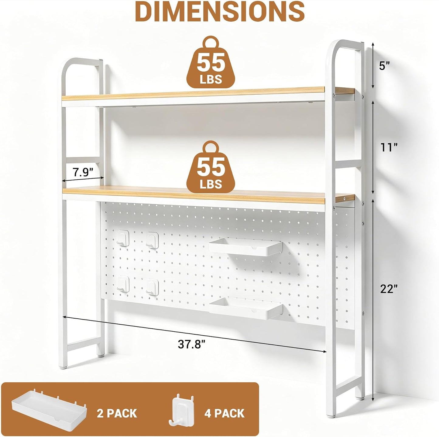 deli Desktop Shelf, Desk Hutch with Metal Pegboard, White | 2-Tier Desktop Display Rack With 4 Accessories