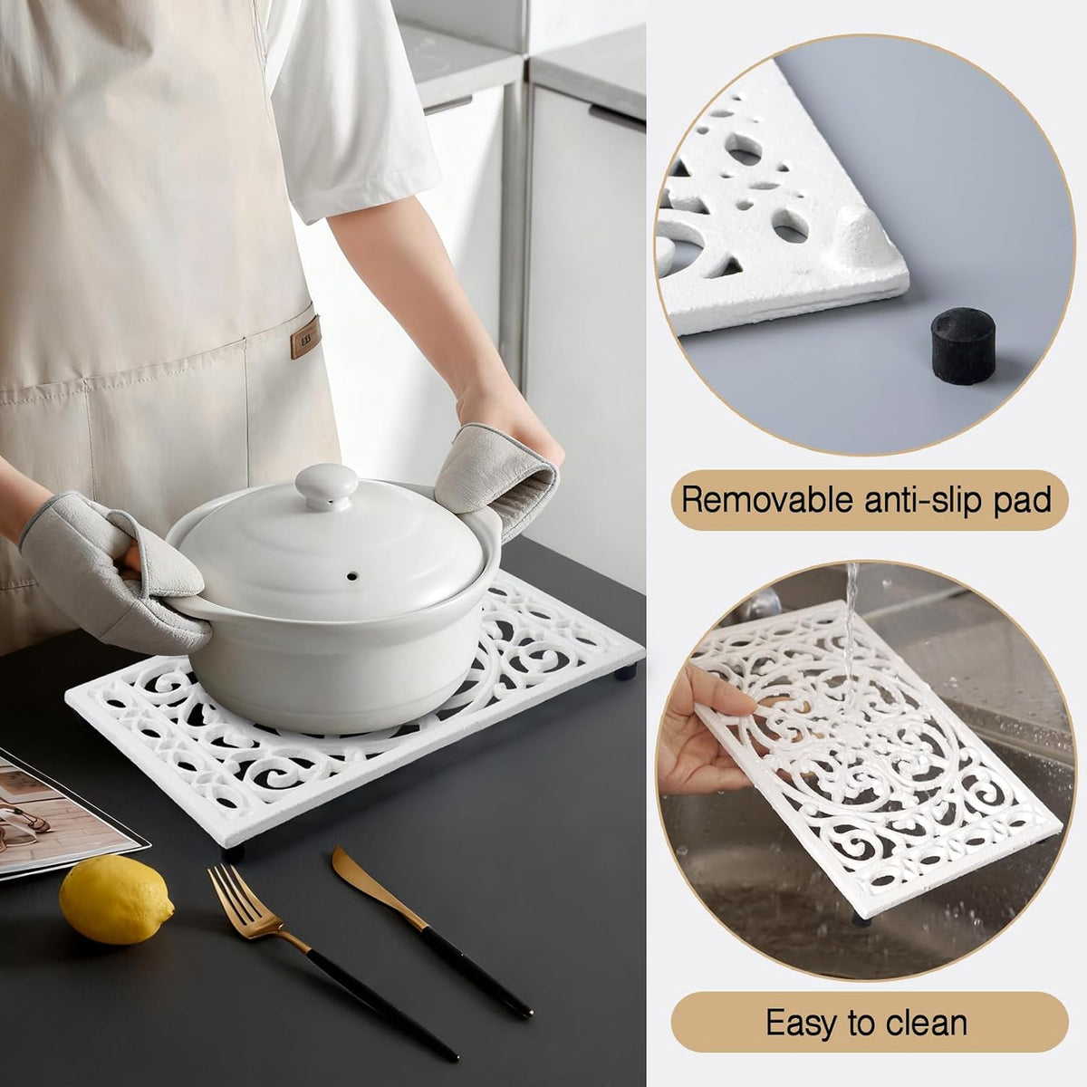 Notakia 9.6 x 6.3 Inch Cast Iron Trivet Set, Large Metal Trivets for Hot Dishes Pots Pans Decorative Kitchen Trivets