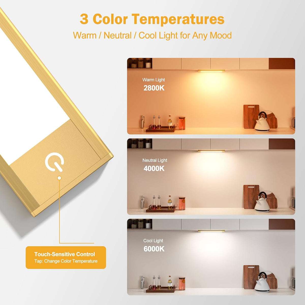 V4light Motion Sensor Cabinet Light, Rechargeable, Dimmable, 2Pcs, 9in | Gold aluminum, magnetic wireless, 1800mAh, 3