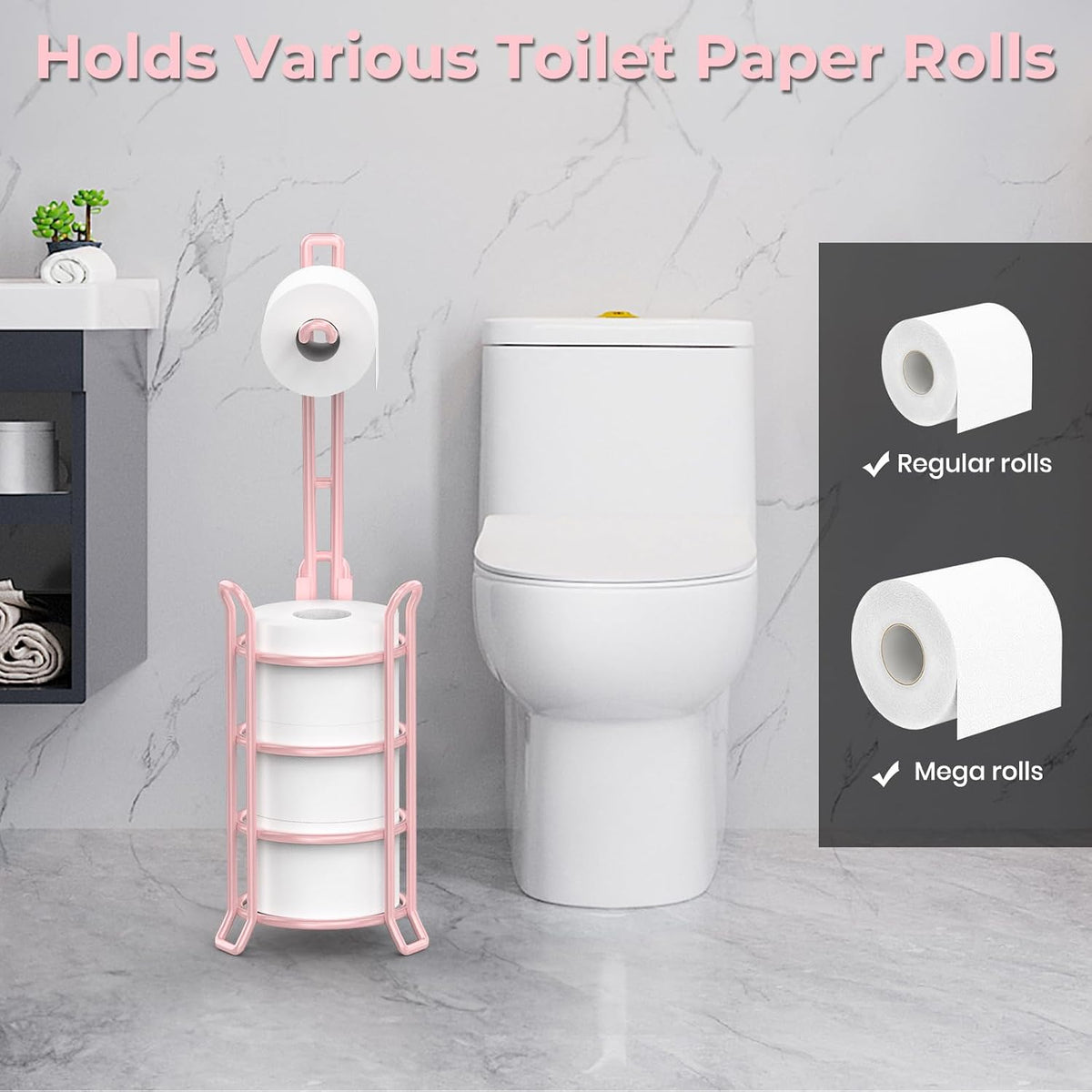 TomCare Toilet Paper Holder Stand Free Standing, Holds 4 Mega Rolls, Pink | Tool-Free Assembly, Detachable Metal Wire