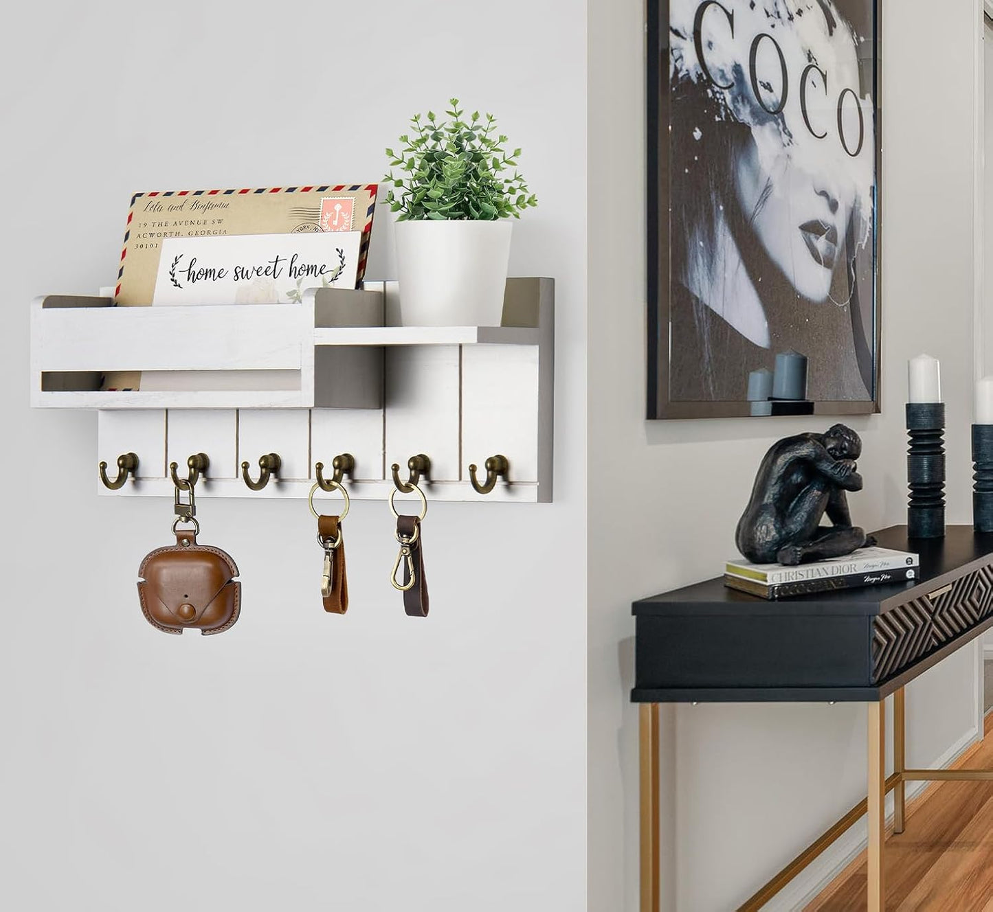 Wooden Key Hanger Rack and Mail Organizer / White / M