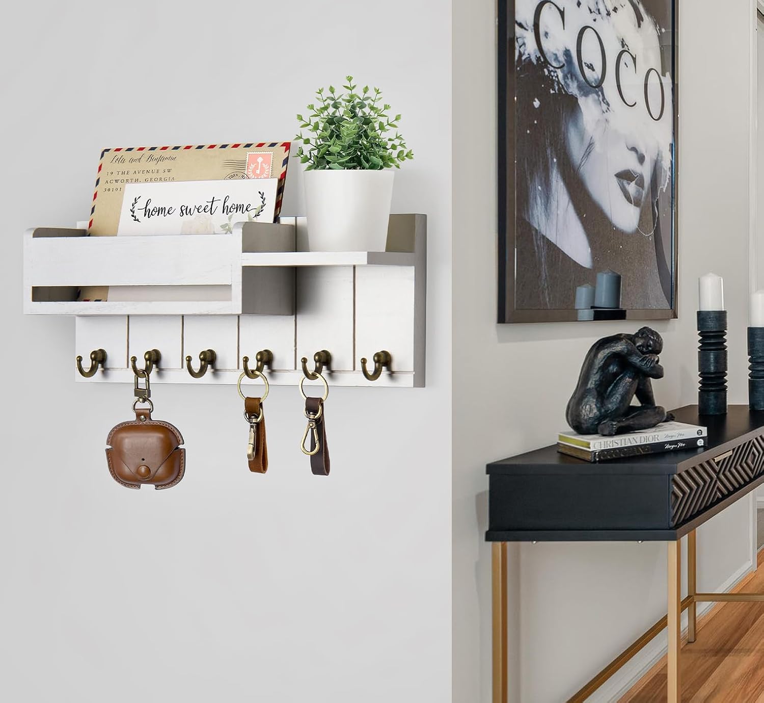 Wooden Key Hanger Rack and Mail Organizer / White / M