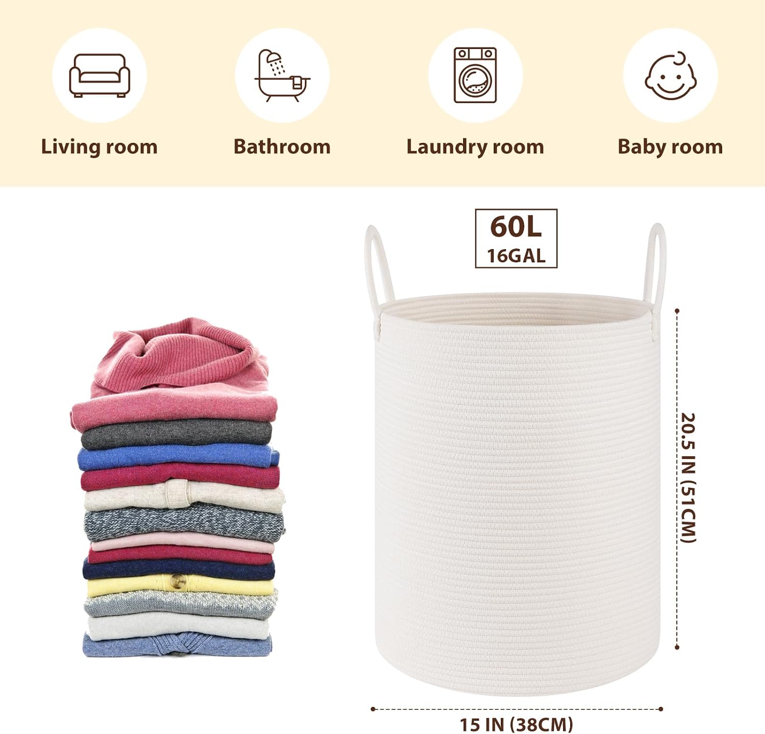 Cotton Rope Woven Basket for Blankets / White / 60L