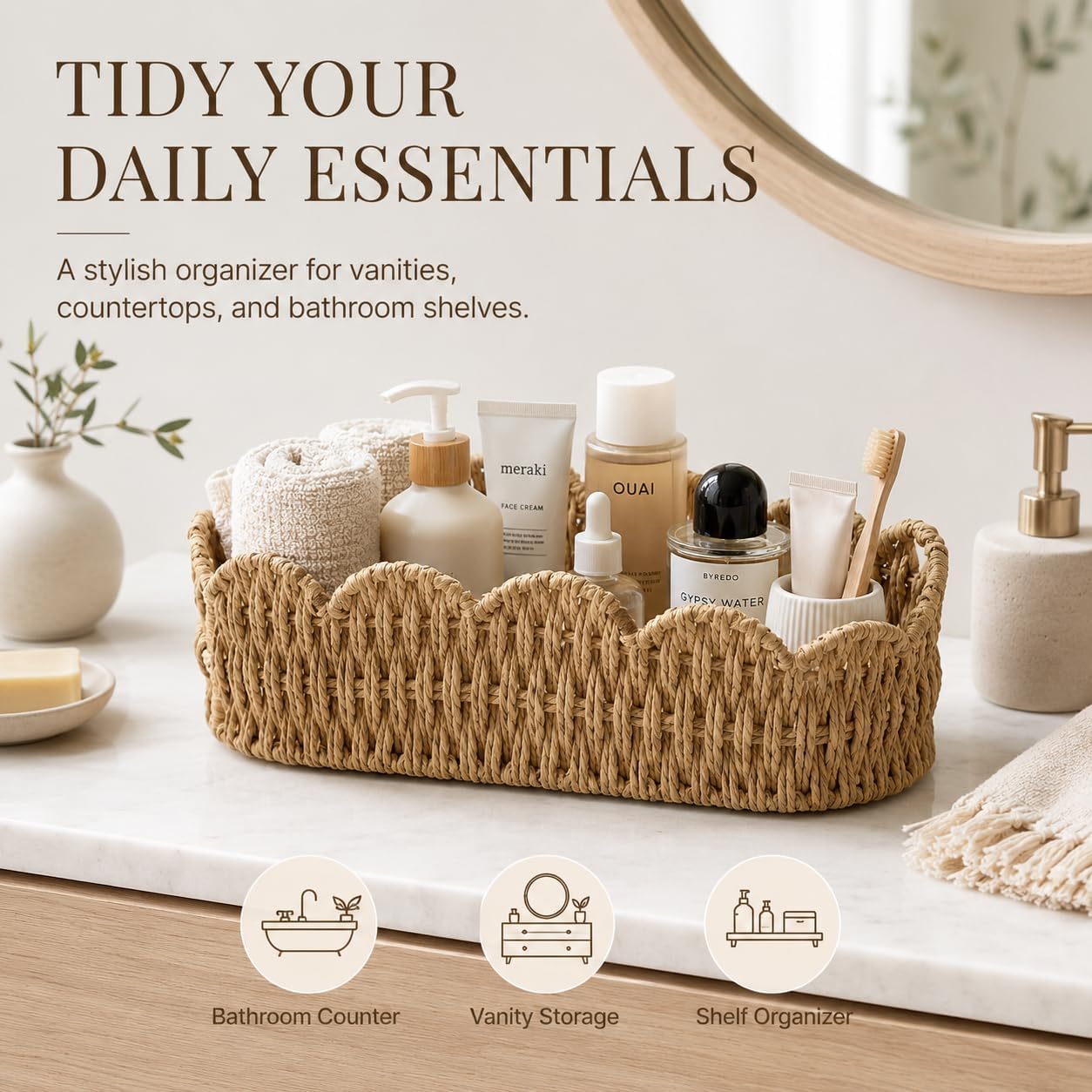 Scalloped Wicker Basket for Toilet Tank