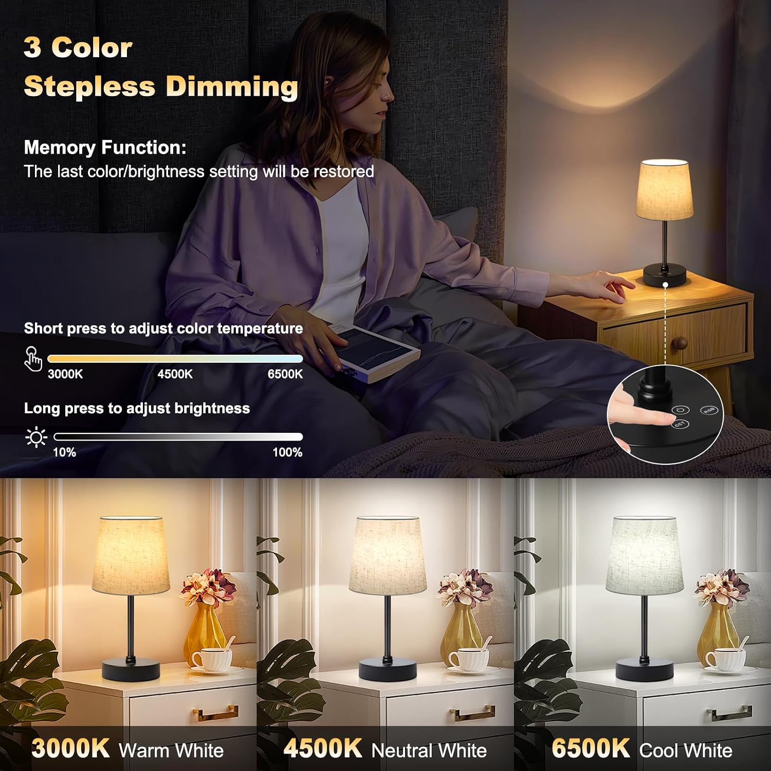 Wowag Small Cordless Table Lamp,5000mAh Rechargeable Battery Operated Desk Lamp,3 Colors & 7 RGB Stepless Dimmable