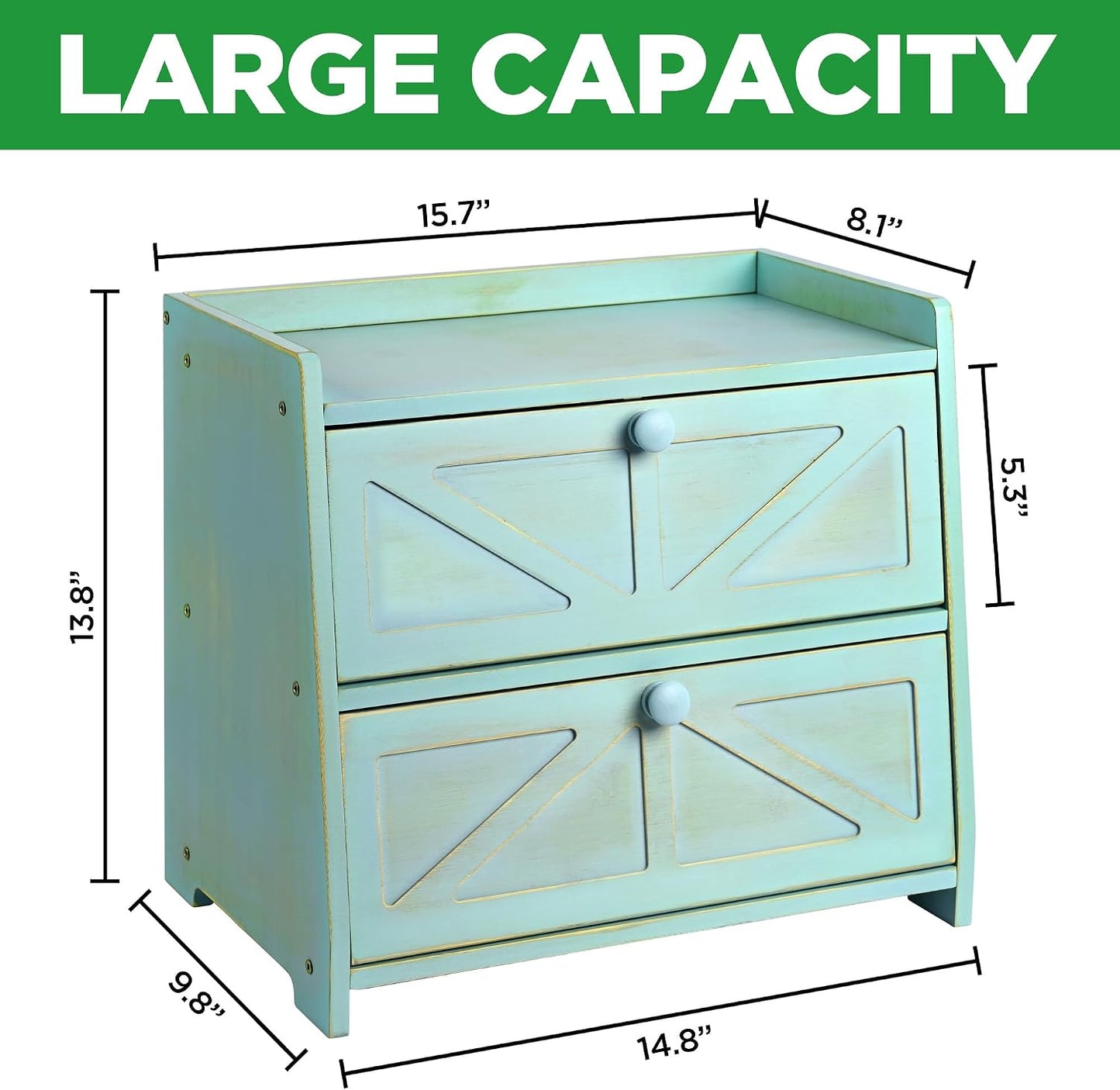 Bamboo Corner Bread Box for Kitchen Countertop 2-Tier Green | Farmhouse Bread Storage Container, Large Pantry