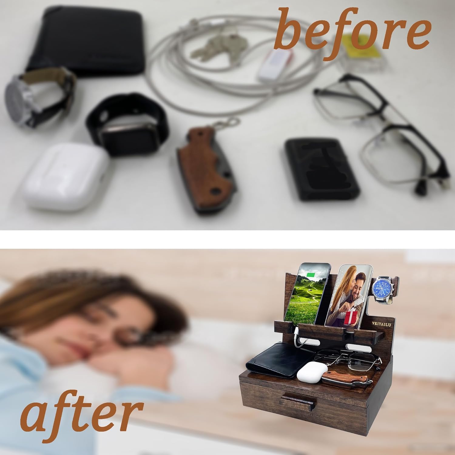 Gifts for Men Women Husband Son Boyfriend Him Nightstand Organizer Wood Phone Docking / Walnut