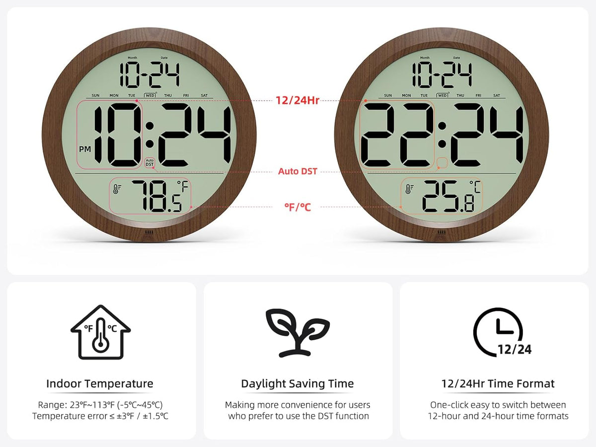 Digital Wall Clock Battery-Operated, 8 Inch Small Decorative Modern Wood Wall Clock with Date, Temperature, Auto-DST
