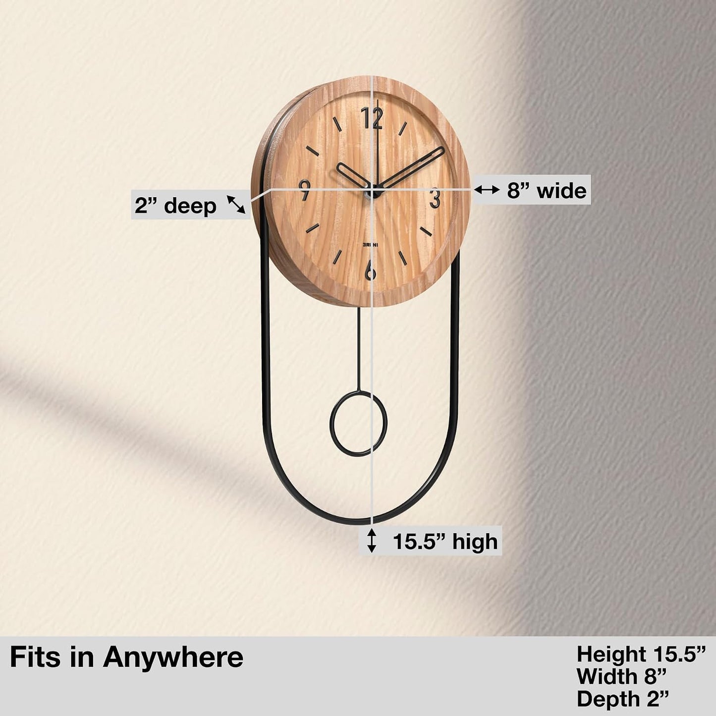 Driini Decorative Wall Clock with Pendulum (Oak) – Modern Wood, 3D Gold Numbers, Metal Frame – Small, Unique Wall