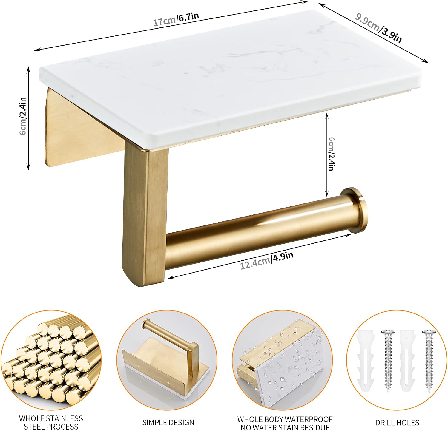 Brushed Gold Toilet Paper Holder with Marble-Look Shelf, Wall Mounted SUS304 Stainless Steel Toilet Roll Holder with
