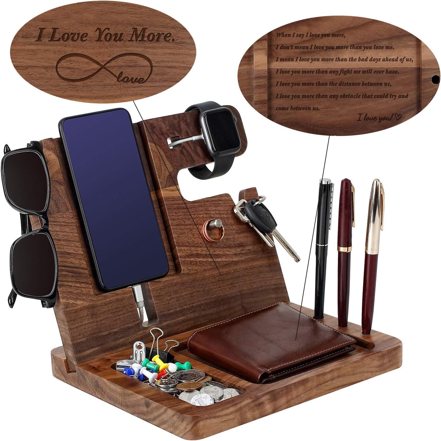awofer Gifts for Men-Engraved Walnut Wood Docking Station-Nightstand with Phone Holder, Key Holder, Wallet Stand and