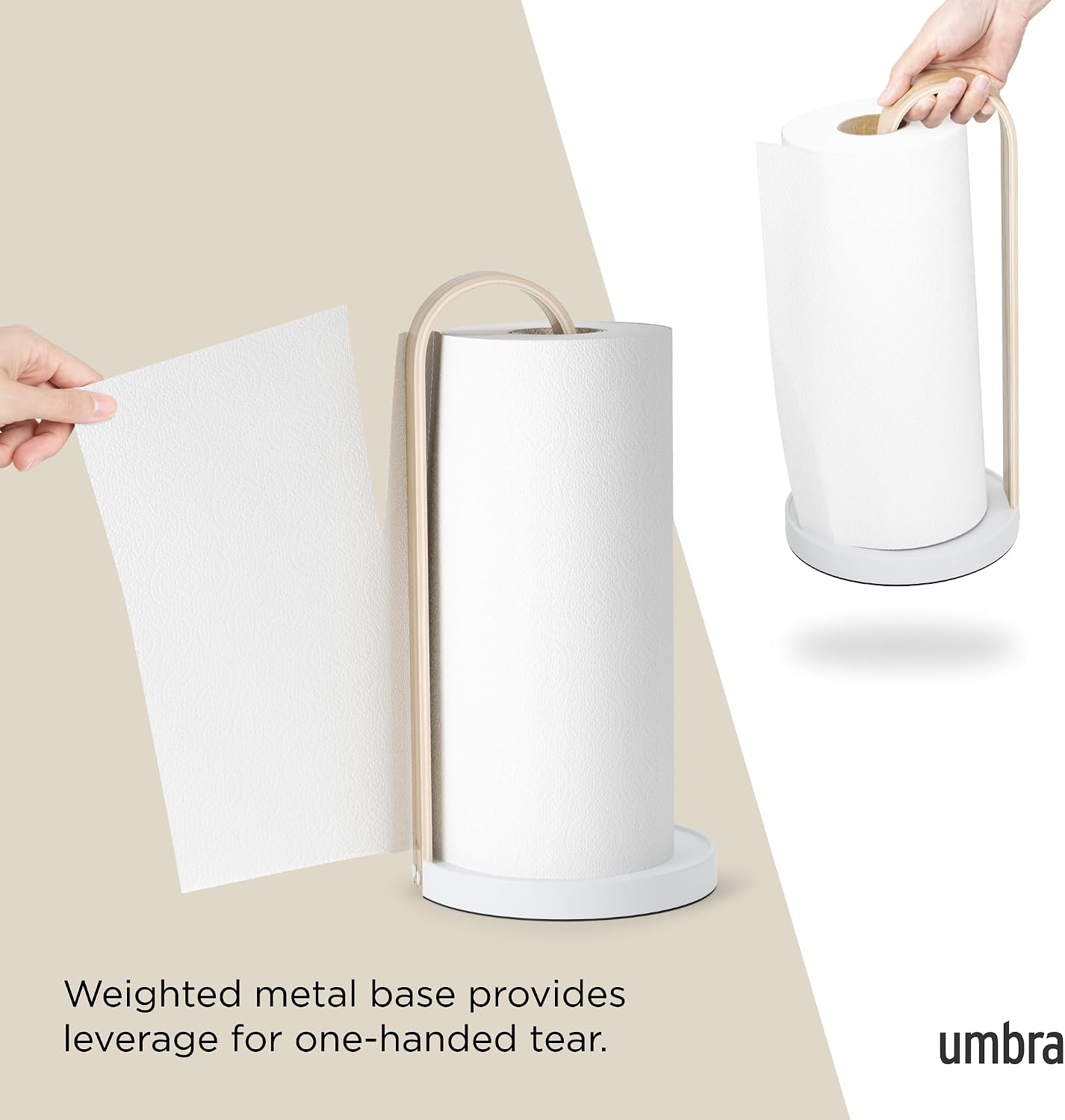 Umbra Bellwood Paper Towel Holder, Wooden with Weighted Base, White/Natural | Freestanding design, protects