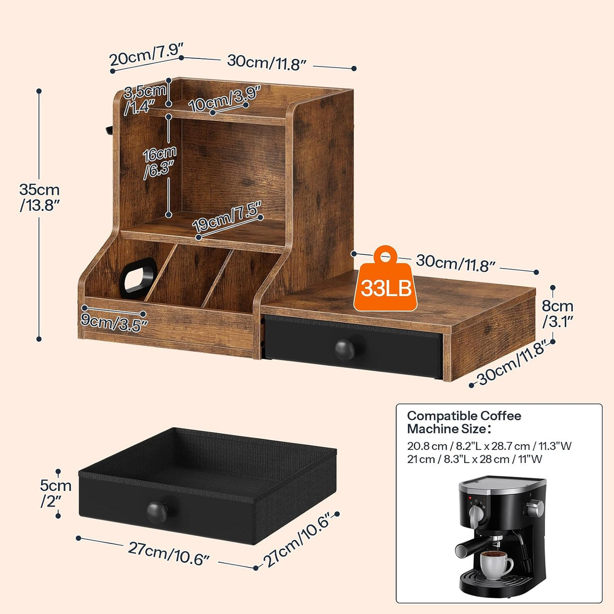 HOOBRO Coffee Mug Tree, Coffee Mug Cup Holder with Drawer, 25 Pod Capacity, Mug Display Stand with 2 Hooks, 3 Tier Mug