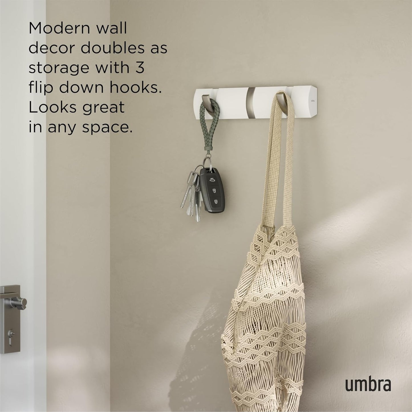 Umbra Flip Coat Rack, Wall Mount Retractable Hooks, 3-Hook, White/Nickel | Real wood and steel build, folds flat when