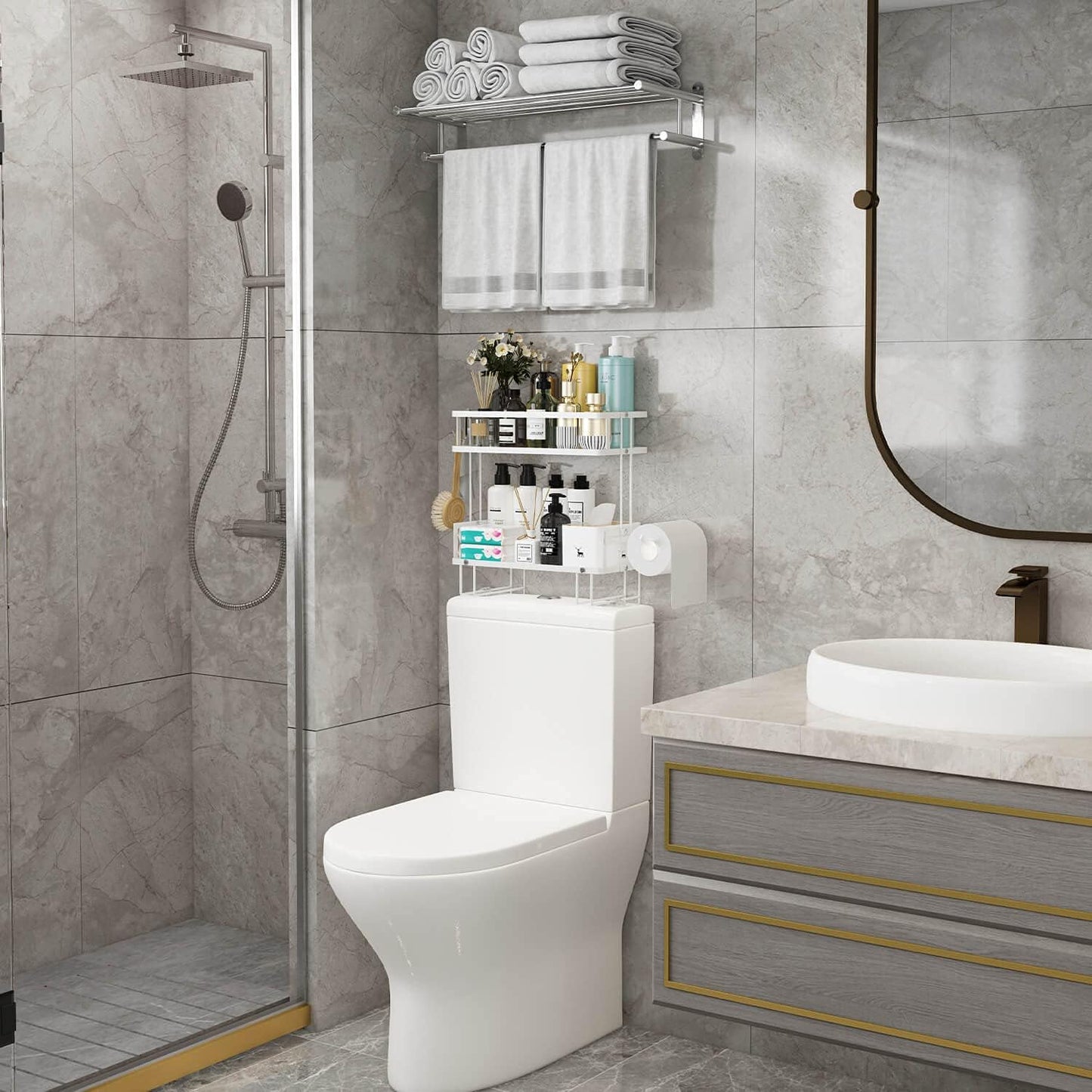 2-Tier Over Toilet Storage Shelf, Wall-Mount with 2 Hook/Paper Rack | Bathroom Organizers and Storage Cabinet