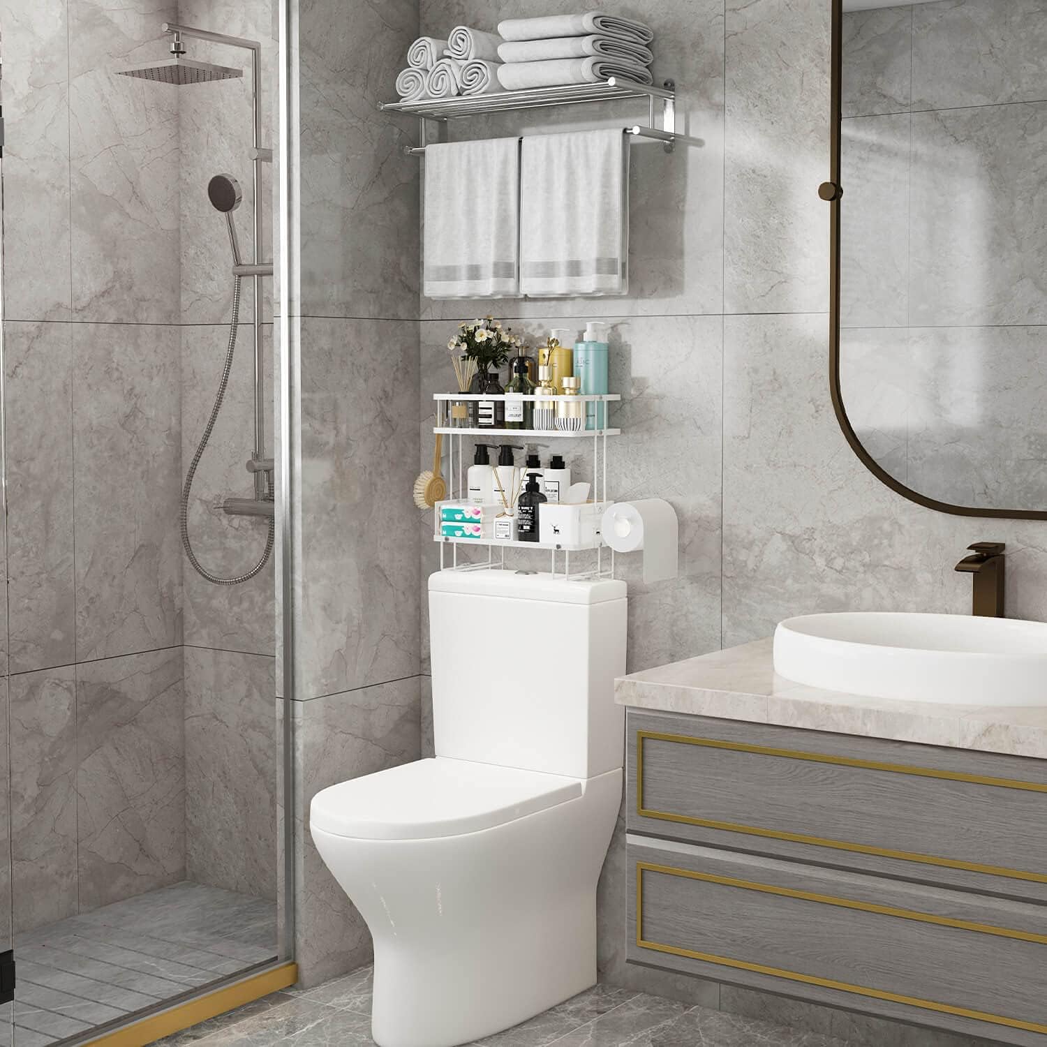 2-Tier Over Toilet Storage Shelf, Wall-Mount with 2 Hook/Paper Rack | Bathroom Organizers and Storage Cabinet