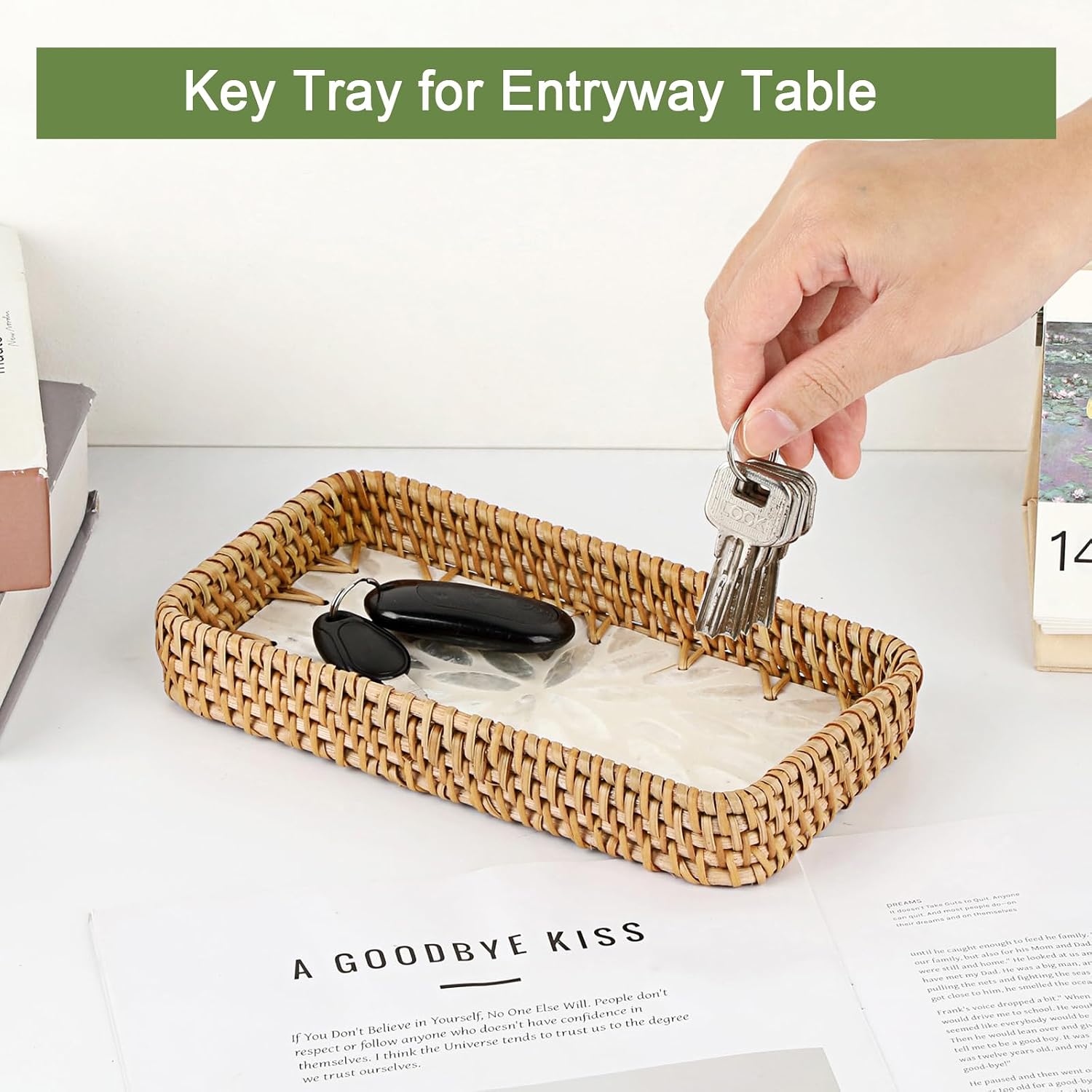Decorative Key Basket for Entryway Small Handwoven Rattan Tray Rectangular / 8.3 x 4.3 x 1.6 / White